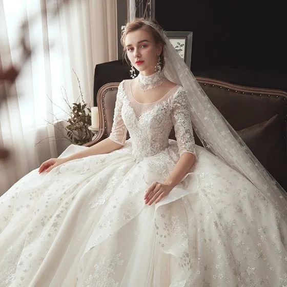 Romantic Ivory See-through Wedding Dresses 2020 Ball Gown Scoop Neck 1/ ...