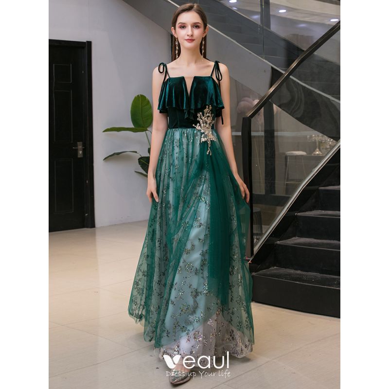 Chic / Beautiful Dark Green Suede Evening Dresses 2020 A-Line ...