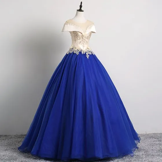 Vintage / Retro Royal Blue Prom Dresses 2019 Ball Gown Scoop Neck Pearl ...