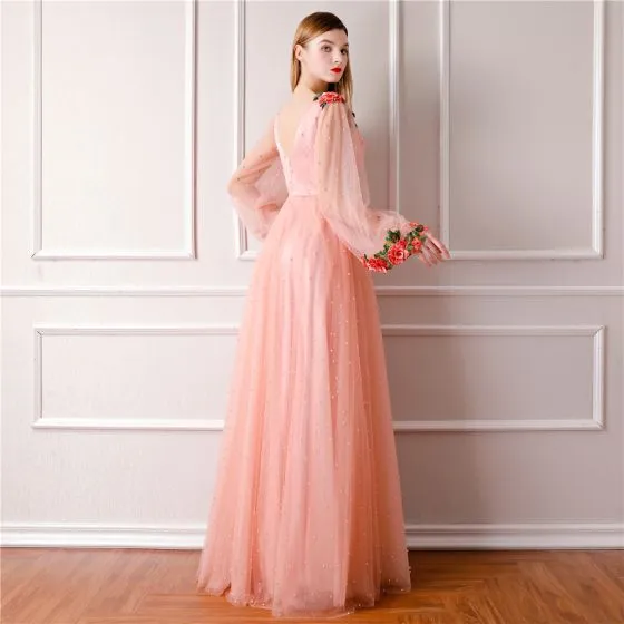 Modern / Fashion Pearl Pink Prom Dresses 2019 A-Line / Princess V-Neck ...