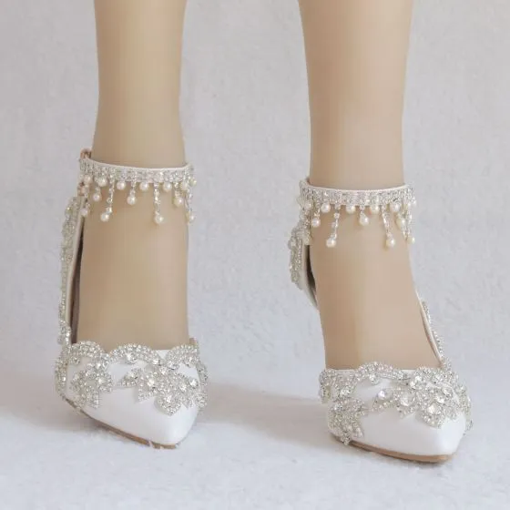 Elegant White Wedding Shoes 2018 Rhinestone Pearl Tassel 8 cm Stiletto ...