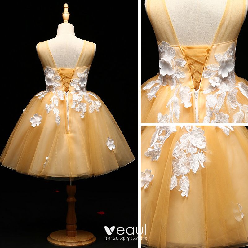 Chic / Beautiful Yellow Flower Girl Dresses 2017 Ball Gown Appliques ...
