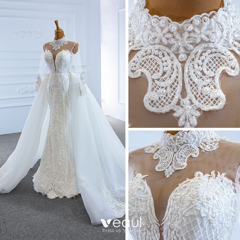 Luxury / Gorgeous White See-through Bridal Wedding Dresses 2020 Trumpet ...