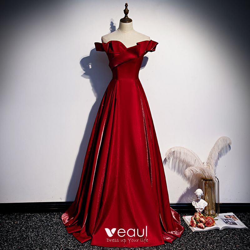 Elegant Burgundy Satin Evening Dresses 2020 A-Line / Princess Off-The ...