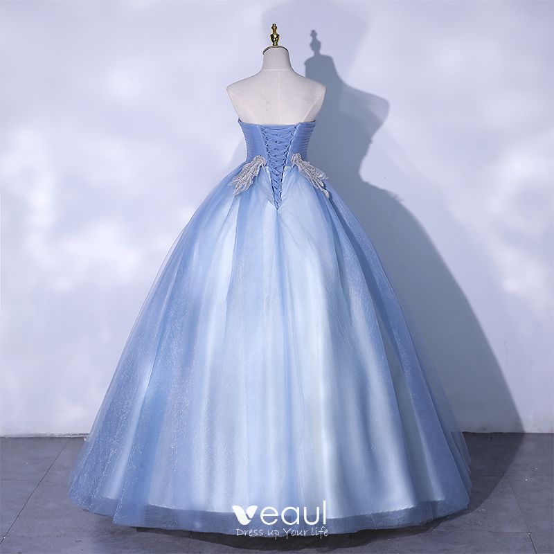 Elegant Sky Blue Prom Dresses 2021 Ball Gown Strapless Beading Sequins ...