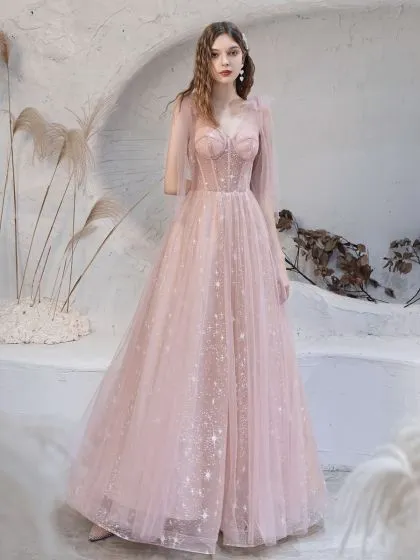 Blushing Pink Star Prom Dresses 2021 A-Line / Princess V-Neck ...