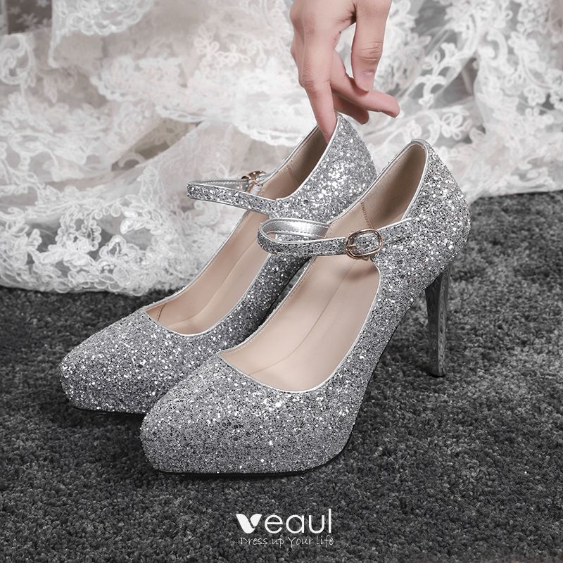 Brillante Plata Zapatos de novia 2019 Lentejuelas Hebilla 12 cm