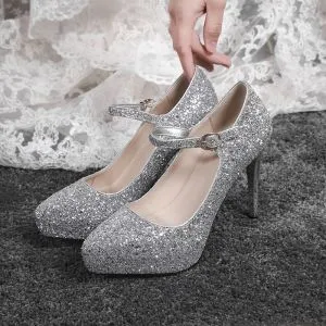 Sparkly Silver Wedding Shoes 2019 Sequins Buckle 12 cm Stiletto Heels Pointed Toe Pumps