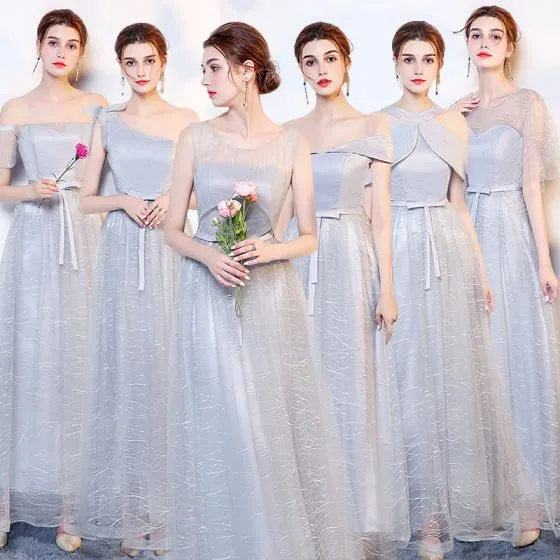 Affordable Silver Bridesmaid Dresses 2019 A-Line / Princess Bow Sash ...