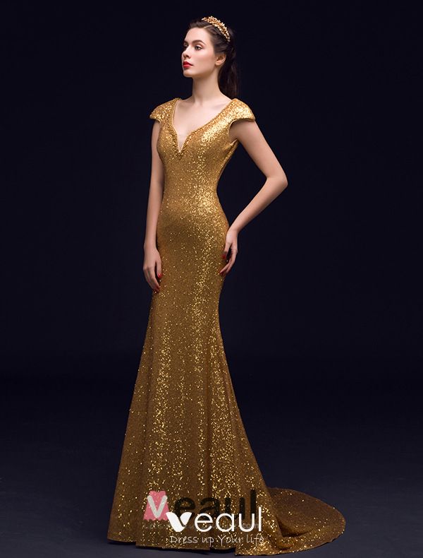 Sparkly Mermaid Deep V-neck Backless Gold Sequin Long Evening Dress
