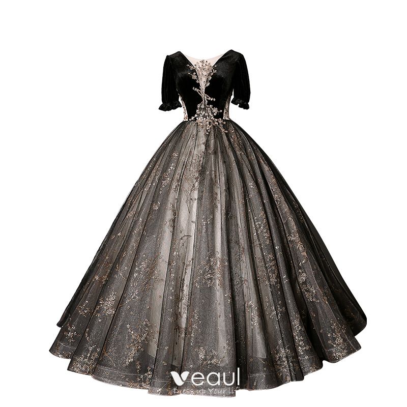Elegant Black Suede Prom Dresses 2022 Ball Gown Scoop Neck Bell sleeves ...
