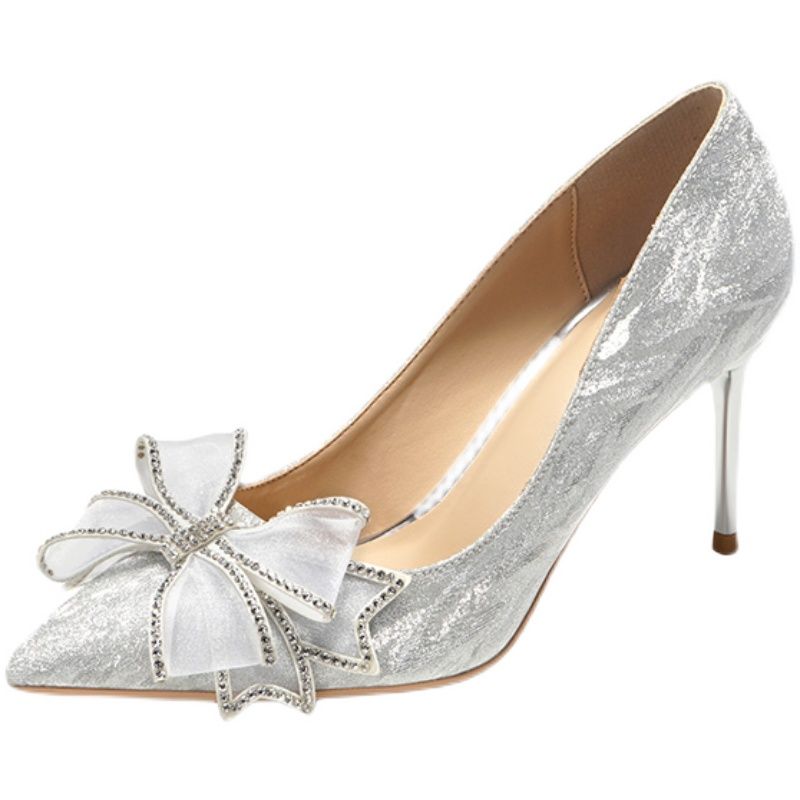 Sparkly Silver Rhinestone Bow Wedding Shoes 2021 Sequins 8 cm Stiletto ...