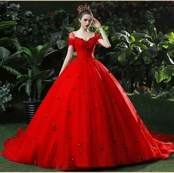 Chic Beautiful Red Wedding Dresses 2018 Ball Gown Appliques Beading Rhinestone V Neck Backless 