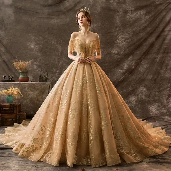 Luxury / Gorgeous Gold Wedding Dresses 2019 Ball Gown Off-The-Shoulder ...