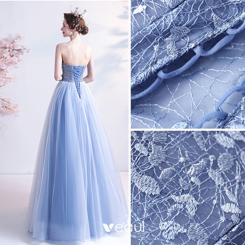 Modern / Fashion Sky Blue Lace Flower Prom Dresses Backless 2021 A-Line ...