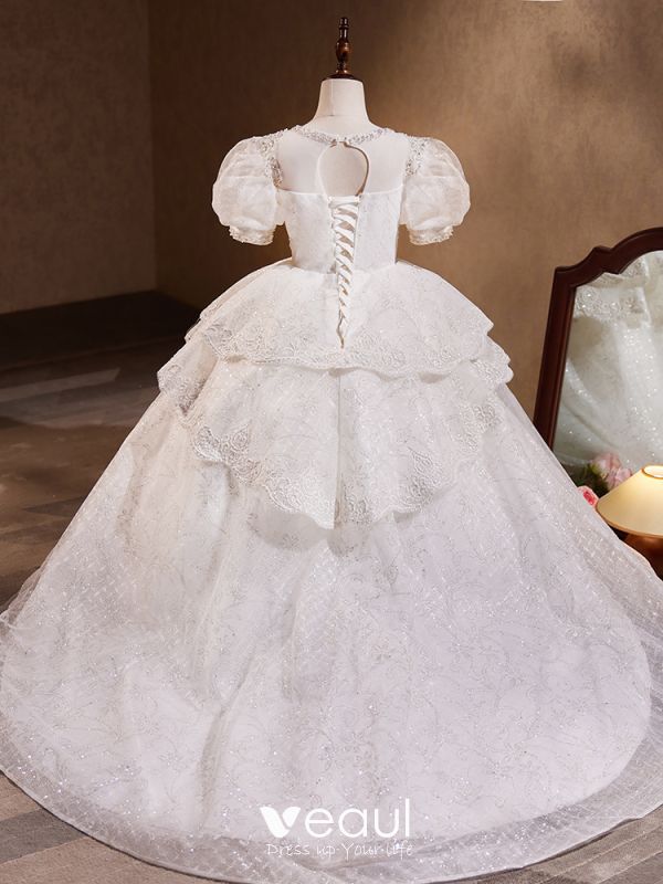 Chic Beautiful White Beading Star Sequins Cascading Ruffles Flower Girl  Dresses 2023