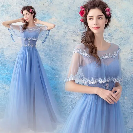 Chic / Beautiful Sky Blue Evening Dresses 2017 A-Line / Princess Tulle ...