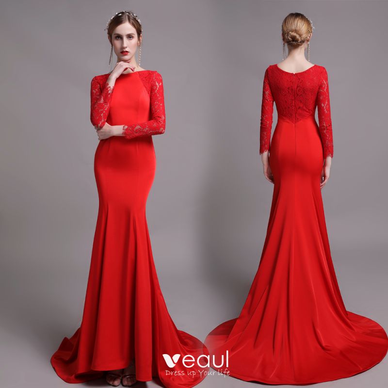 red evening dress long sleeve