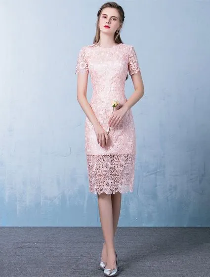 Elegant Pink Cocktail Dress Short Sleeves Lace Party Dress 2017