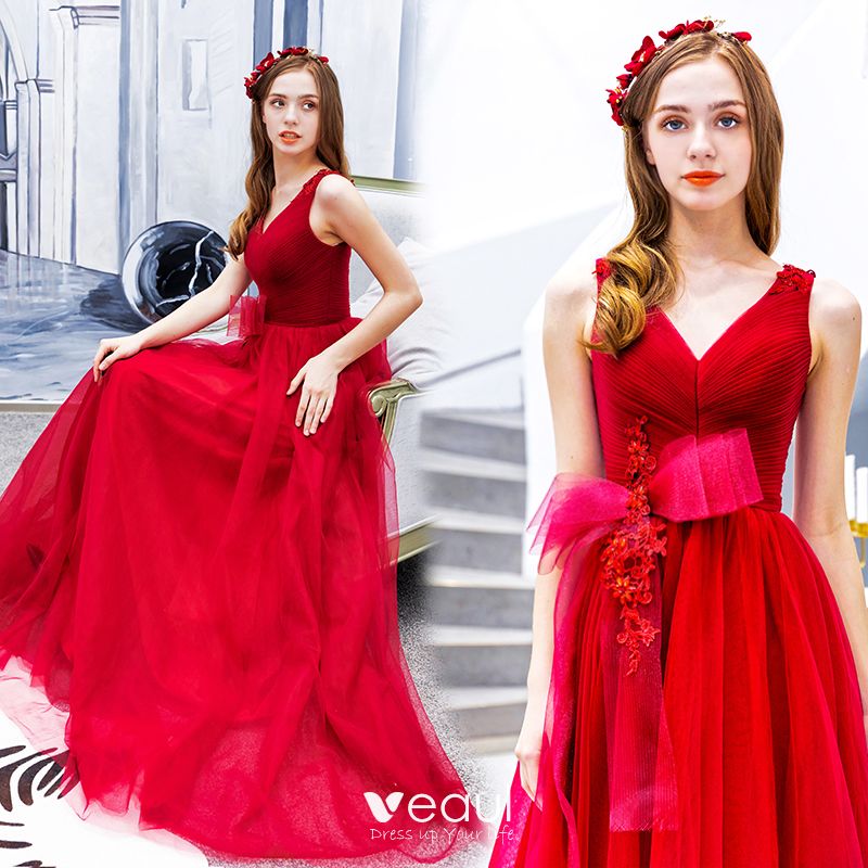 Chic / Beautiful Red Prom Dresses 2019 A-Line / Princess V-Neck Beading ...