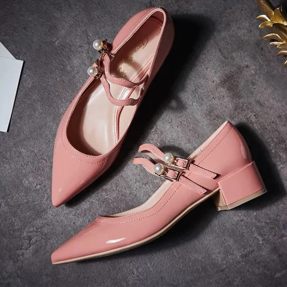 Lovely Pearl Pink Dating Womens Shoes 2019 Patent Leather Pearl Buckle ...