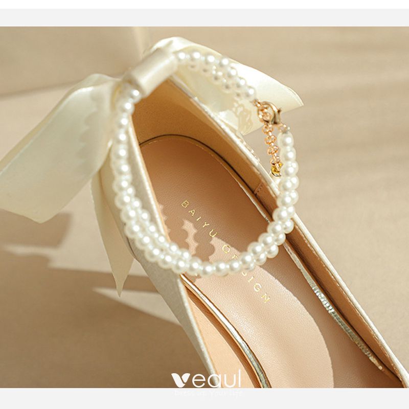 Elegant Ivory Pearl Bow Ankle Strap Wedding Shoes 2023 Satin 8 cm