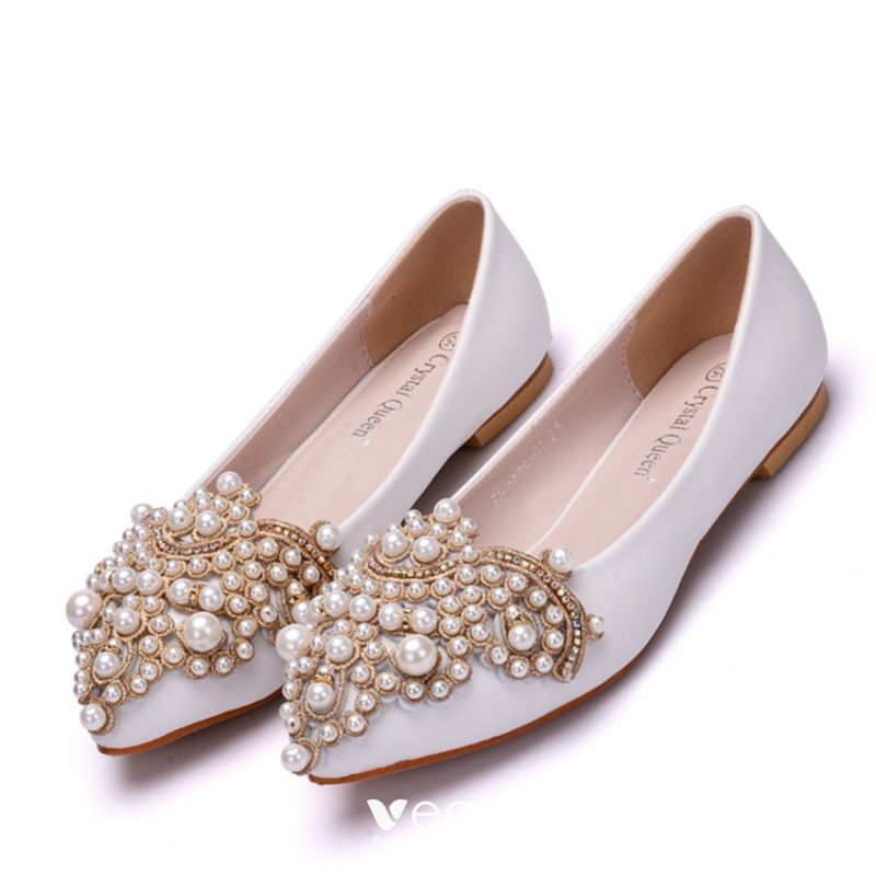 Chic / Beautiful White Casual Womens Shoes 2018 Pearl Rhinestone ...