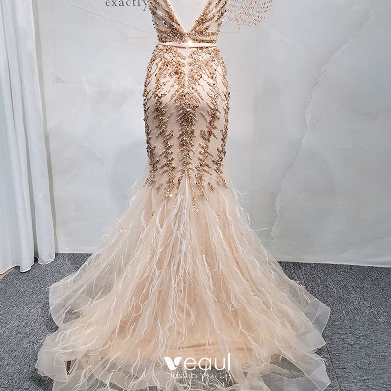 High-end Gold Evening Dresses 2020 Trumpet / Mermaid Deep V-Neck ...