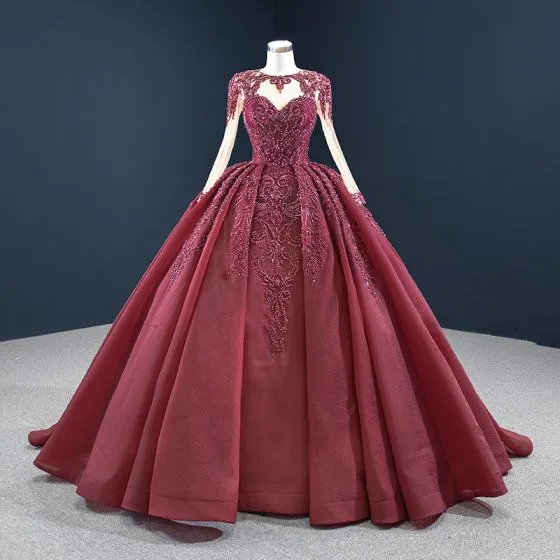 Vintage / Retro Burgundy Prom Dresses 2020 Ball Gown See-through Scoop ...
