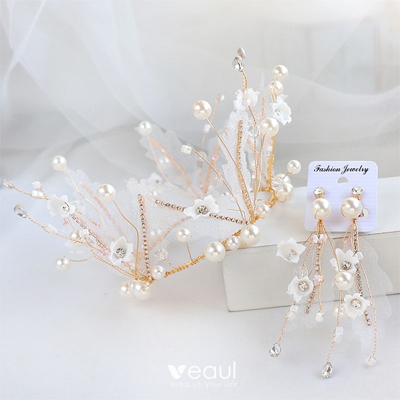 Chic / Beautiful Gold Tiara Earrings Bridal Jewelry 2020 Alloy Pearl ...