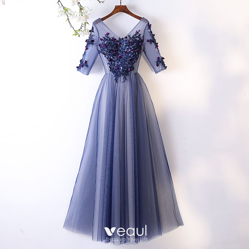 Chic / Beautiful Ocean Blue Evening Dresses 2017 A-Line / Princess Lace ...