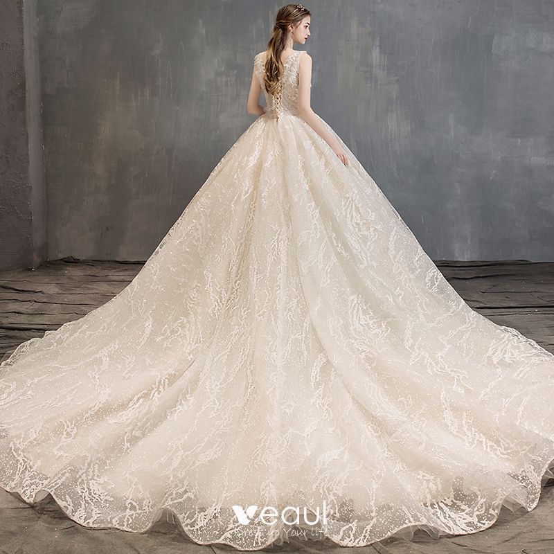 Elegant Champagne Wedding Dresses 2019 A-Line / Princess V-Neck Lace ...