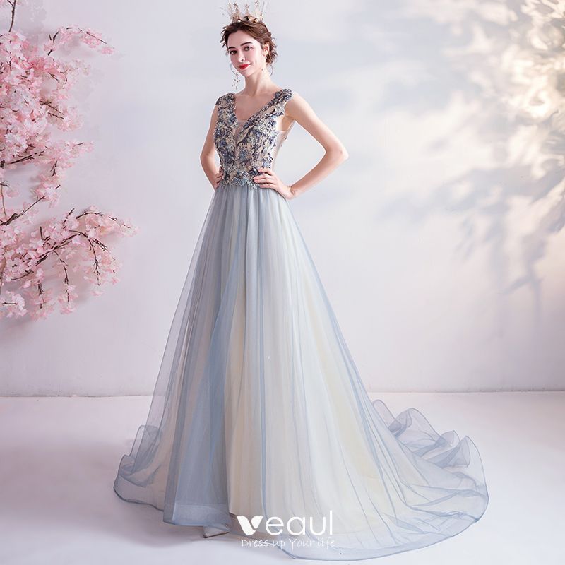 Elegant Sky Blue Prom Dresses 2020 A-Line / Princess V-Neck Beading ...