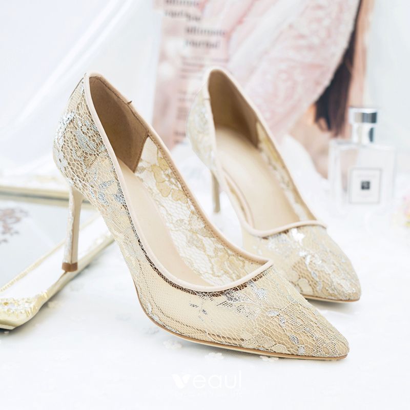 Chic Beautiful Summer Wedding Shoes 2018 Leather Lace 8 cm Stiletto Pointed Toe Pumps