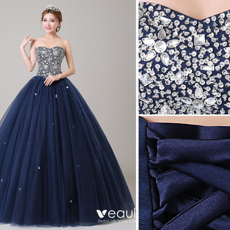 Classic Navy Blue Prom Dresses 2019 Ball Gown Sweetheart Beading Crystal Sequins Sleeveless Backless Floor Length