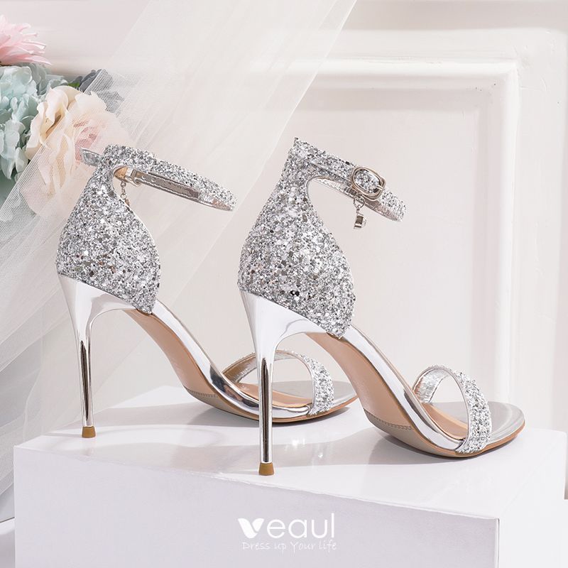 Sparkly Silver Evening Party Womens Sandals 2020 Sequins Ankle Strap 10 ...