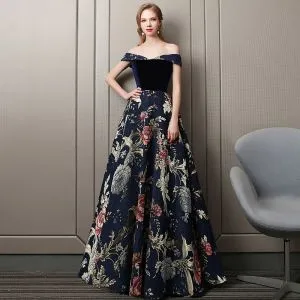 Colored Navy Blue Evening Dresses 2018 A-Line / Princess Suede Printing Off-The-Shoulder Sleeveless Backless Floor-Length / Long Formal Dresses