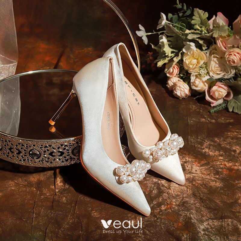 Elegant Beige Satin Pearl Wedding Shoes 2023 8 cm Stiletto Heels Pointed  Toe Wedding Pumps High Heels