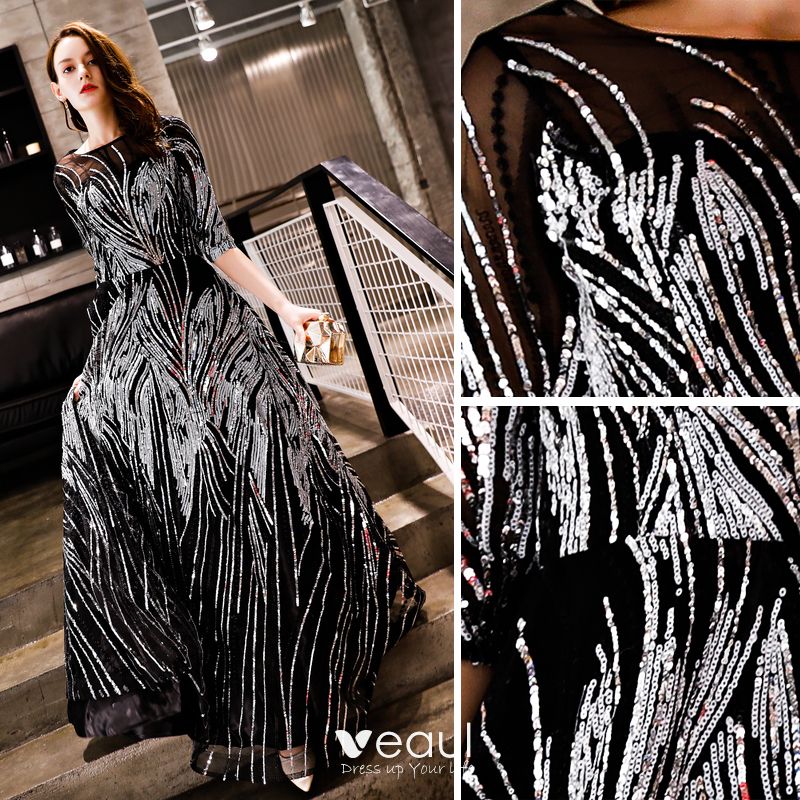 Sparkly Black Evening Dresses 2019 A Line Princess Sequins Scoop Neck 1 2 Sleeves Floor Length Long Formal Dresses