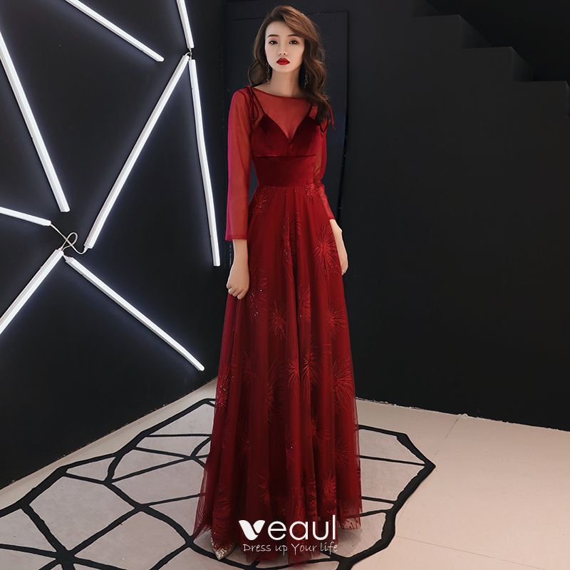 Elegant Burgundy Evening Dresses 2019 A-Line / Princess Scoop Neck ...