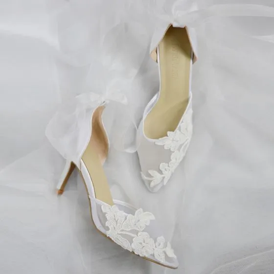 Classy Ivory Handmade See-through Wedding Shoes 2020 Leather Bow Lace ...
