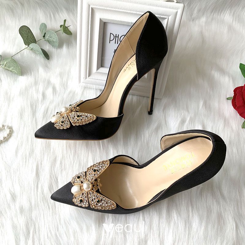 Elegant Black Prom Womens Shoes 2020 Leather Pearl Rhinestone Bow 12 cm ...
