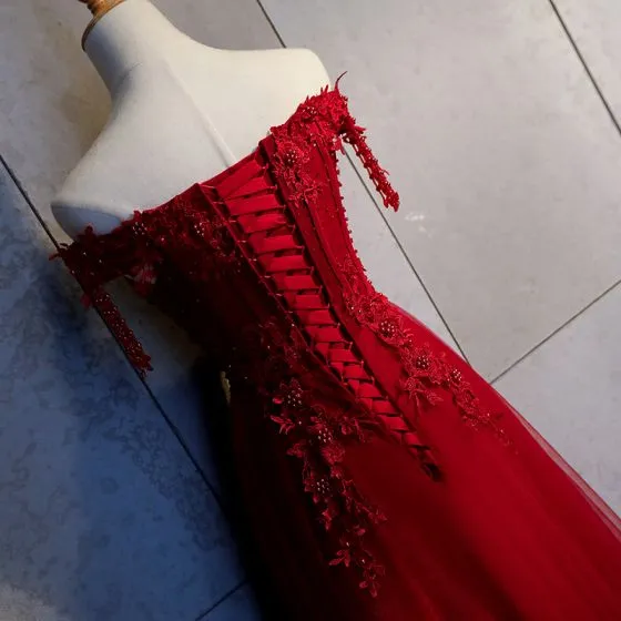 Chic Beautiful Burgundy Evening Dresses 2018 A Line Princess Appliques Lace Beading Tassel 