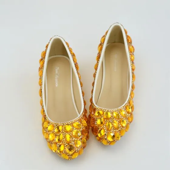 Charming Gold Crystal Wedding Shoes 2019 Low Heel Round Toe Wedding Pumps