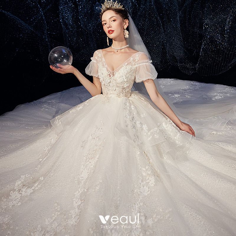 High-end Ivory Wedding Dresses 2020 Ball Gown V-Neck Beading Pearl ...