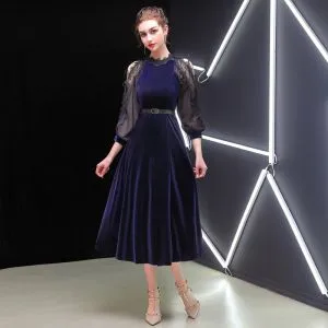 Elegant Dark Green Evening Dresses 2019 A-Line / Princess Suede Sash Scoop Neck 3/4 Sleeve Tea-length Formal Dresses