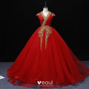 Elegant Red Prom Dresses 2022 Ball Gown V-Neck Beading Pearl Sequins Cap  Sleeves Backless Floor-Length / Long Formal Dresses