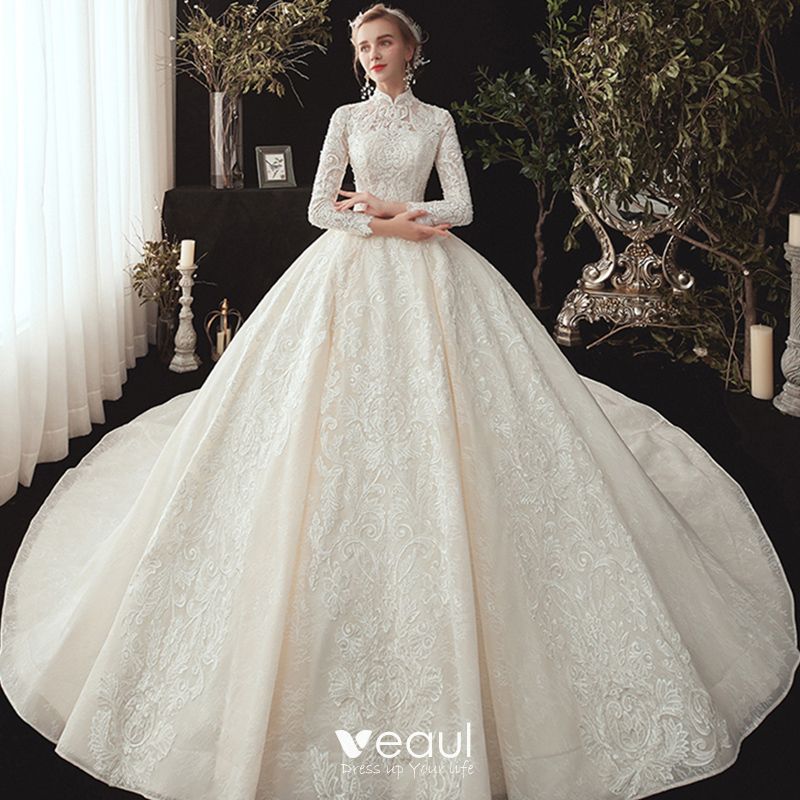 high neck long sleeve ball gown