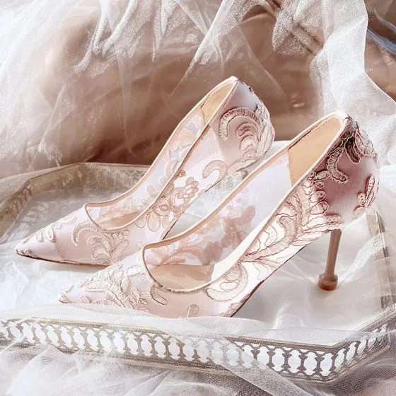 Elegant Champagne Lace Shoes 2020 8 cm Heels Pointed Wedding