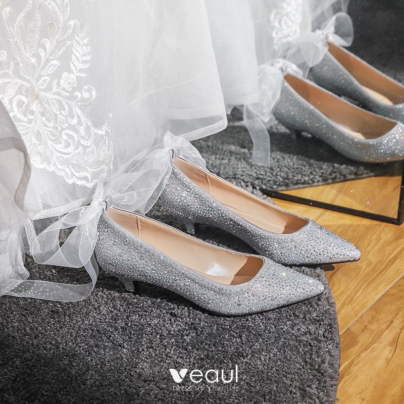Fashion Silver Wedding Shoes 2020 Bow Rhinestone 3 Cm Stiletto Heels Low Heel Pointed Toe Wedding Pumps